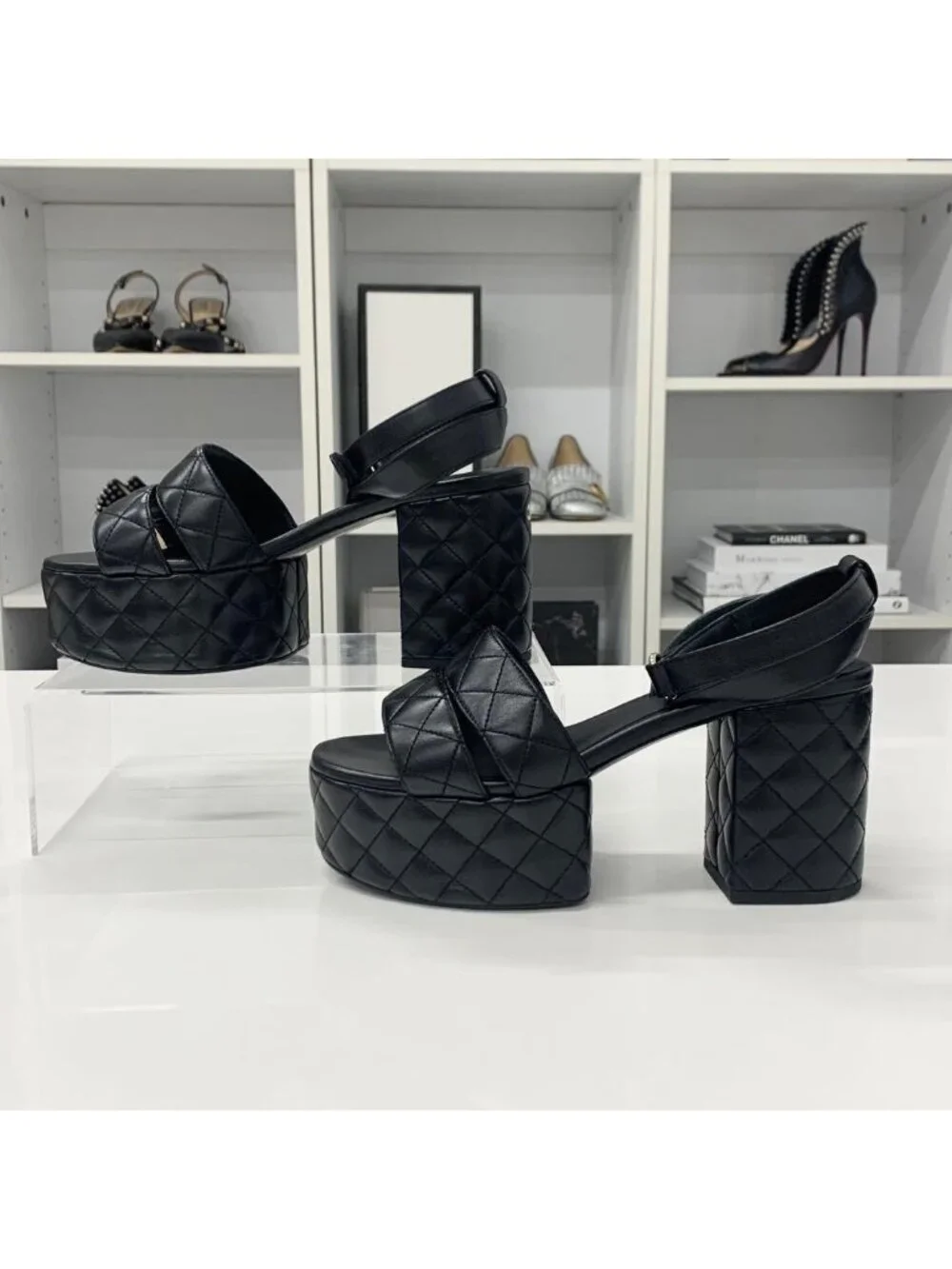 Chanel CC Logo Leather Quilted Strap Sandals Black